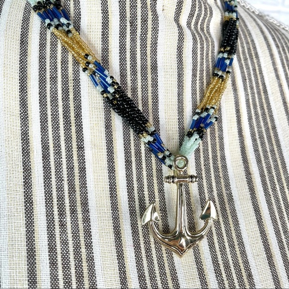 Multicolored Beaded Multi-Chain Necklace Gold Tone Anchor Pendant Black Blue - Picture 3 of 4